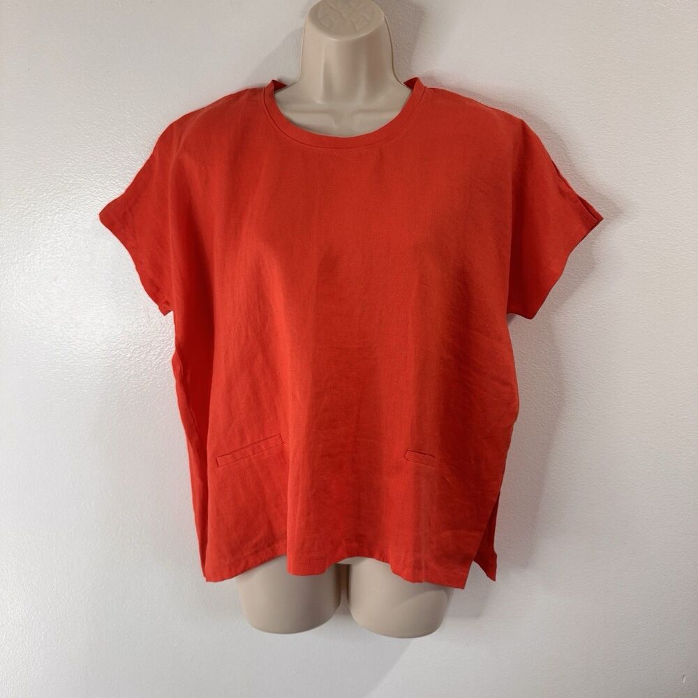 NWT Tyler Boe T-shirt Blouse M $144 Orange Red 100% Linen Boho Lagen Chic